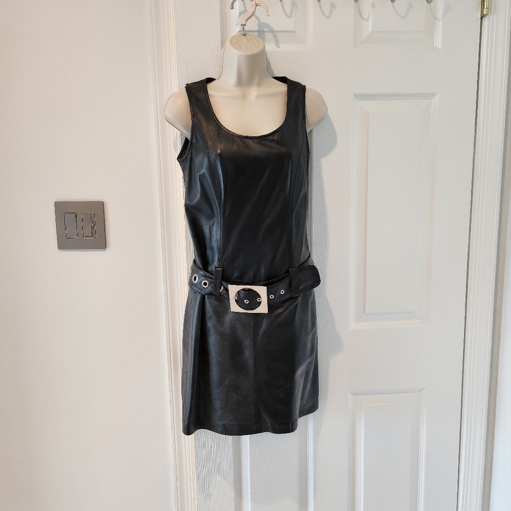 Cache Black Leather Mini Dress Belted Sleeveless Size 2